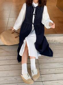 FRIFUL 女士休闲系带无袖牛仔连衣裙长裙 - 藍色 - 查看 2