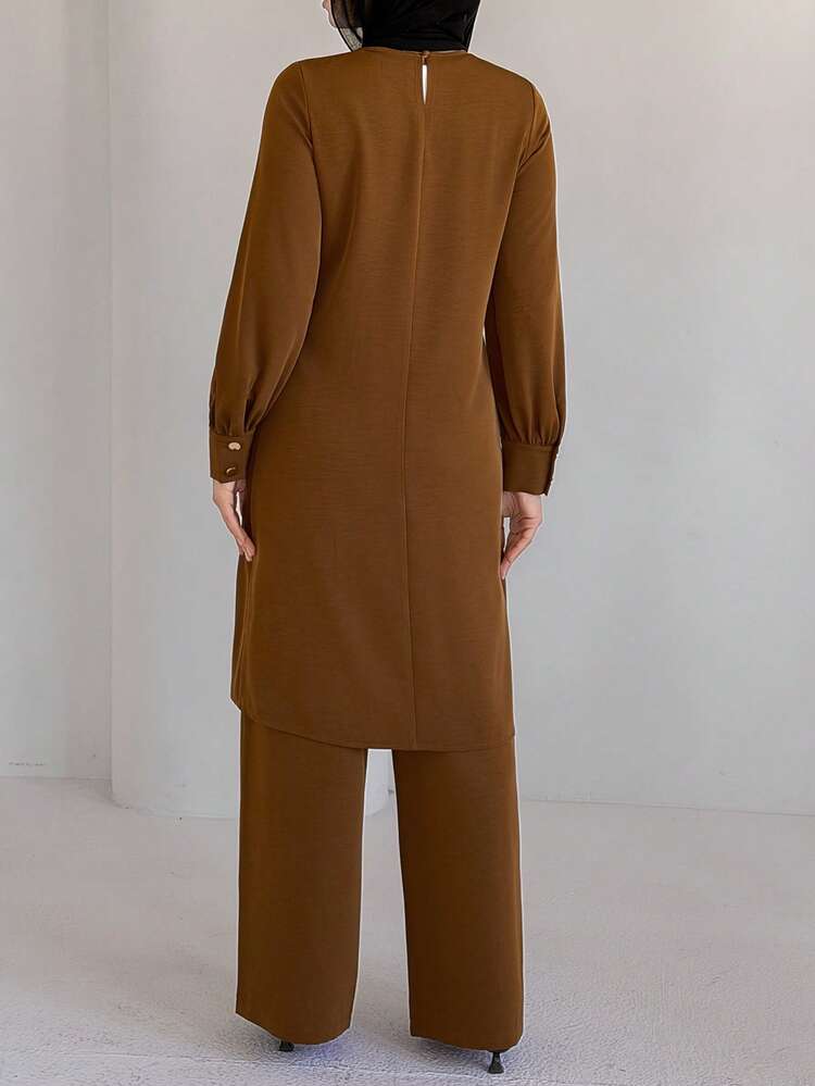 Women's Elegant Solid Color Oblique Collar Round Neck Slit Shirt And Wide Leg Pants 2 Pieces Set, Spring/Summer