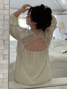 Dazy Plus Plus Size Women Lace Patchwork Crew Neck Long Sleeve Top And Wide Leg Pants Casual Loungewear Set - White - View 2