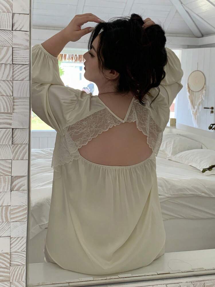 Dazy Plus Plus Size Women Lace Patchwork Crew Neck Long Sleeve Top And Wide Leg Pants Casual Loungewear Set