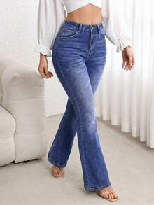 EMERY ROSE Jeans de pierna acampanada con bolsillos y botones, de uso casual y versátil para uso diario - Azul - Ver 4