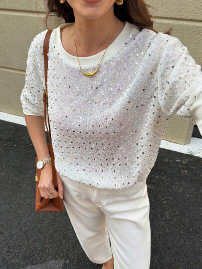 Solivie Women's Round Neck Sequin Casual Versatile Daily Wear Short Sleeve T-Shirt White Top Sequin Top Summer Outfits Summer Tops Summer Women's Retro Vacation Commuting Casual Elegant Versatile Classic White Sequined Loose Basic Short-Sleeved T-Shirt Top With Lining Hollow Out Top White Sparkly Top Eyelet Top Eyelet Tops For Women Women Casual Outfits Women Spring Outfit Women's Summer Outfits Women's Tops For Summer Women's White Top Women's Tops And Blouses Working B Blouse For Women Casual Modern E