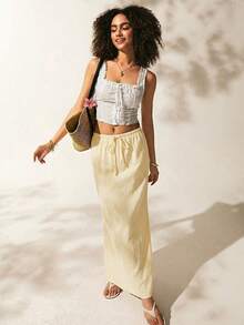 Easelle Women's Summer Solid Color Drawstring Waist Fish Tail Hem Skirt - Light Yellow - View 4