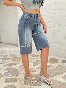 Rivivi Women's High Waist Pocketed Frayed Hem Loose Casual Straight Leg Cropped Jeans - Light Wash - View 4