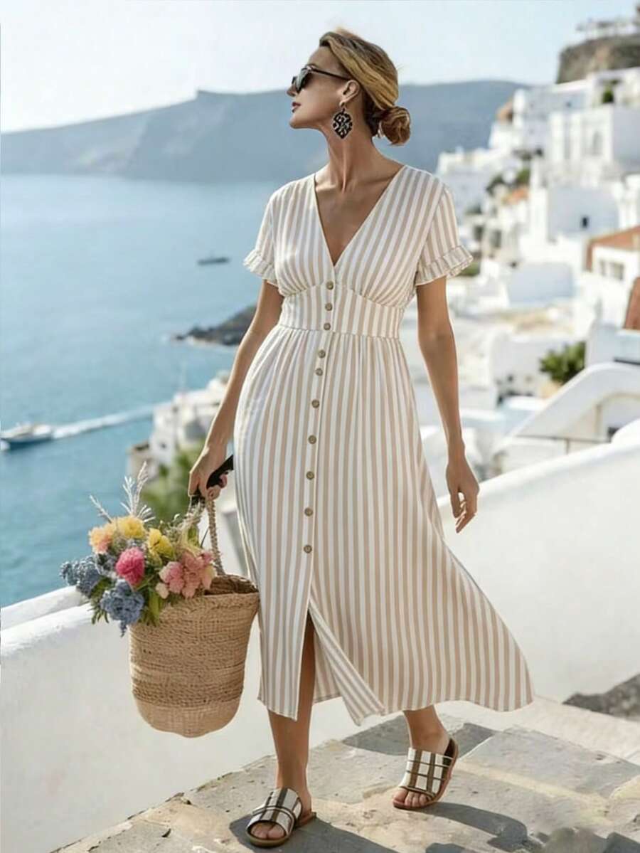 Parysyn 大码梭织条纹夏季女装连衣裙