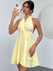 Firerie 女士优雅、精致、浪漫的露背摆裙，适合婚礼宾客、毕业典礼、正式场合穿着。 - 鵝黃色 - 查看 11