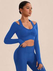 VARSIVA Solid Color Open Shoulder Fitted Cropped Sports T-Shirt - Royal Blue - View 5