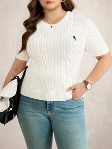 Comfylo Plus Size Women's White Cable Knit Top,Summer Casual Short Sleeve Round Neck Pullover,Knight Pattern Slim Fit Sweater For School & Back-To-School - White - View 4