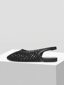 Mnmlis Women's New Fashion Woven Hollow Slip-On Flat Square Toe Loafers - Black - View 3