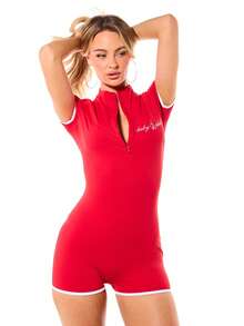 BABYPHAT 女士红色拉链连体裤，白色滚边，短袖连身裤，复古风格针织夏季连体裤，修身连体衣 - 紅色 - 查看 4