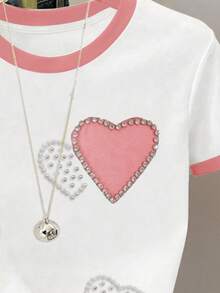 少女爱心印花宽松休闲撞色条纹圆领T恤，适合夏季日常、返校、度假穿着 - 彩色 - 查看 5