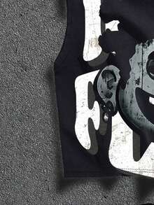 Manfinity ZONE917 Box-Cut Cropped Street-Style Oversized Distressed Funny Big Face Allover Print Cropped Loose Tank Top - Black - View 4