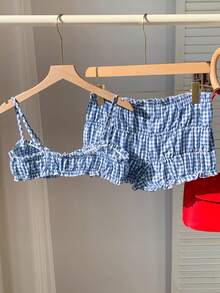 SHEIN EZwear Bộ 2 món áo hai dây kẻ caro gợi cảm và quần short siêu mini cho nữ mùa hè - Màu xanh lam - Xem 2