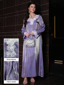 Layrah Glossy Elegant V-Neck Embroidered Ruffle Trim Loose Flared Robe For Women - Purple - View 10