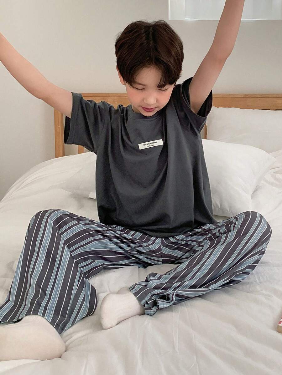 Dazy Kids Tween Boy Round Neck Graphic Tee And Striped Pants Casual Loungewear Set - Dark Grey - View 1