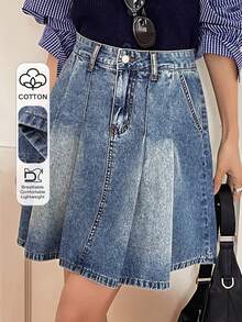 DAZY 女士常规腰线褶裥A字牛仔迷你裙，休闲都市风 - 中等水洗藍 - 查看 1