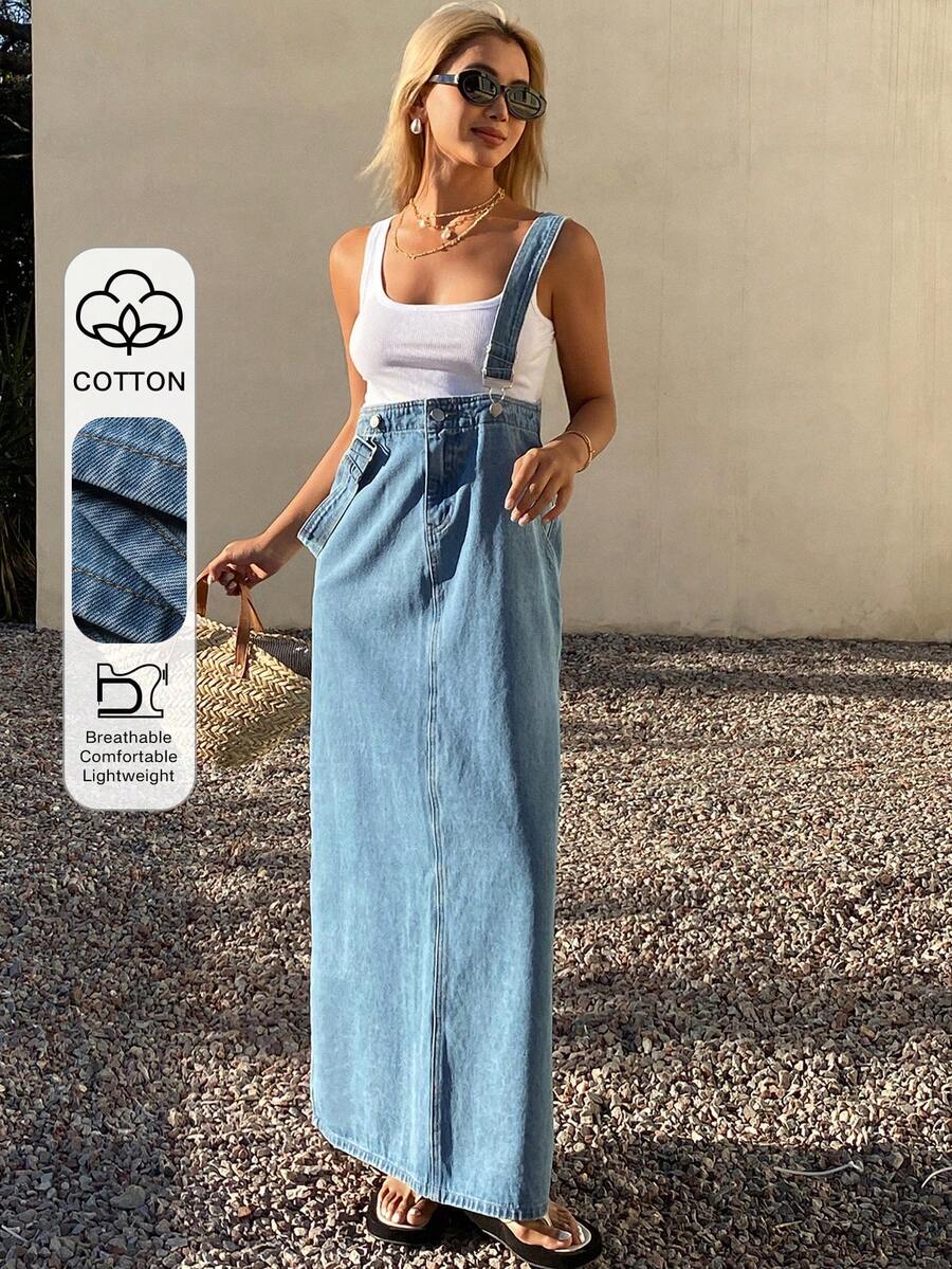 DAZY 女士休闲百搭口袋开衩牛仔连衣裙，适合约会和外出穿着，长款连衣裙 - 中等水洗藍 - 查看 1