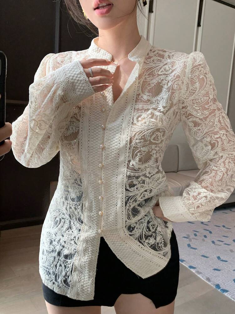 Embroidered Delicate Hollow-Out Minimalist Versatile Blouse For Women