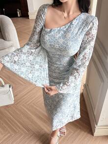DAZY Women's Elegant Lace Asymmetric Ruched Long Dress, Spring/Summer Sundress - Baby Blue - View 4