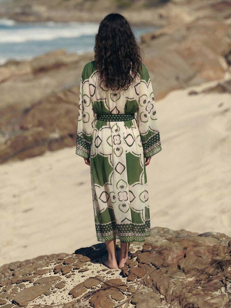 SHEIN Maija Fashionable & Elegant Floral & Geometric Pattern Tie Front Cover Up,Vacation Outfits Women,Summer Holiday Outfits ,Beach Vacation Outfits For Women Boho Dresses For Women Beach Wear For Woman Beach Cover Up Women Resort Wear Women Swimsuits For Woman With Cover Up Beachwear Cover Up Beach Wear Women Cover Up Women's Swim Cover Up Bathing Suits For Women With Cover Ups Cover Ups For Swimwear