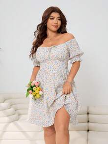 Solflare Frühlings-/Sommer-Neuheit, lässiger Alltags-Pendler-Party-Anzug, geeignet für Hochzeit, Musikfestival, Schulanfang, Abschluss, Urlaub, Streetwear, Erkundung, Stadtbummel, Mehrzweck-Kleidung, kann als Oberbekleidung oder Layering getragen werden, Off-Shoulder, aufgeblähte Ärmel, romantischer französischer Stil mit gelb-blau-rosa Blümchen, taillierend, geraffter Brustbund, kurzes Kleid in Große Größen - Verschiedenfarbig - Übersicht 5