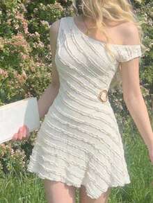 SHEIN MOD 女士休闲纯色不对称领迷你连衣裙，夏季 - 杏色 - 查看 2