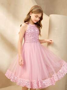 花童网纱拼接串珠露背蓬蓬公主裙，短款，适合婚礼、生日派对、宴会等各种场合，四季皆宜。 - 粉色 - 查看 3