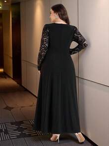 Modelyn 大码女式V领水钻蕾丝拼接开衩优雅派对长袖连衣裙 - 黑色 - 查看 3