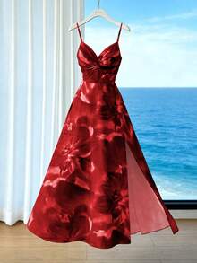 Elenzga Đầm dự tiệc/hẹn hò thanh lịch, chất liệu vải dệt hoa mới, dây mảnh, có thể điều chỉnh phần ngực, thiết kế xoắn, hở lưng, xẻ tà, ôm eo, thích hợp cho nữ. - Đỏ - Xem 3