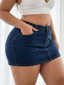 SHEIN ICON Women's Casual Everyday Denim Skirt With Pockets And Buttons - Dark Wash - View 3