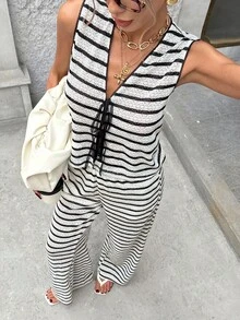 Siren Gaze Women's Summer Casual Striped Tank Top And Pants 2 Pieces Set - Black - View 2