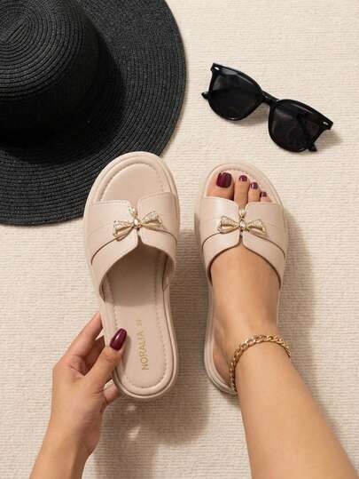 Sandalias Fiorella Para Dama Con Moño Dorado, Sandalias De Moda Cómodas Para El Uso Diario O Casual