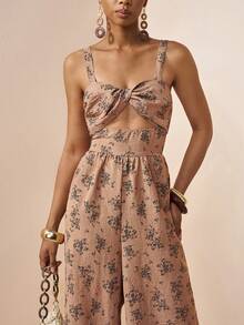 Zivah Retro Brown Floral Jumpsuit For Women Summer Boho Vacation Holiday Embroidered Spaghetti Strap Twisted Hollow Decor Beach Party Wedding Guest Outfit - Brown - View 10