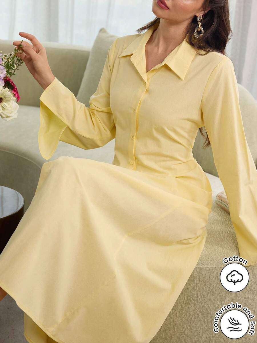 Al Najma Đầm sơ mi màu vàng cổ bẻ tay loe, lưng hở, thắt eo. - Màu vàng - Xem 1