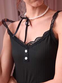 Contrast Lace Button Front PJ Set / Pajama Set Lounge Set - Black - View 8