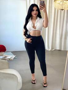 SHEIN SXY Women's Cropped Twist Design White Sexy Blouse, Sexy White Top, White Crop Top, Low Cut Top, Plunging Neckline Top, Sexy Blouses,White Blouse,Work Outfits For Women ,Office Attire For Women ,Summer Top - White - View 4
