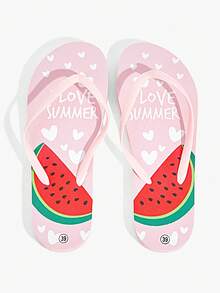 Grefit 女士新款夏季鞋履，防水防滑，可爱西瓜爱心印花露趾凉鞋，甜美百搭，平底休闲橡胶EVA塑料人字拖，日常居家沙滩度假凉鞋，泳池派对拖鞋 - 西瓜粉 - 查看 5