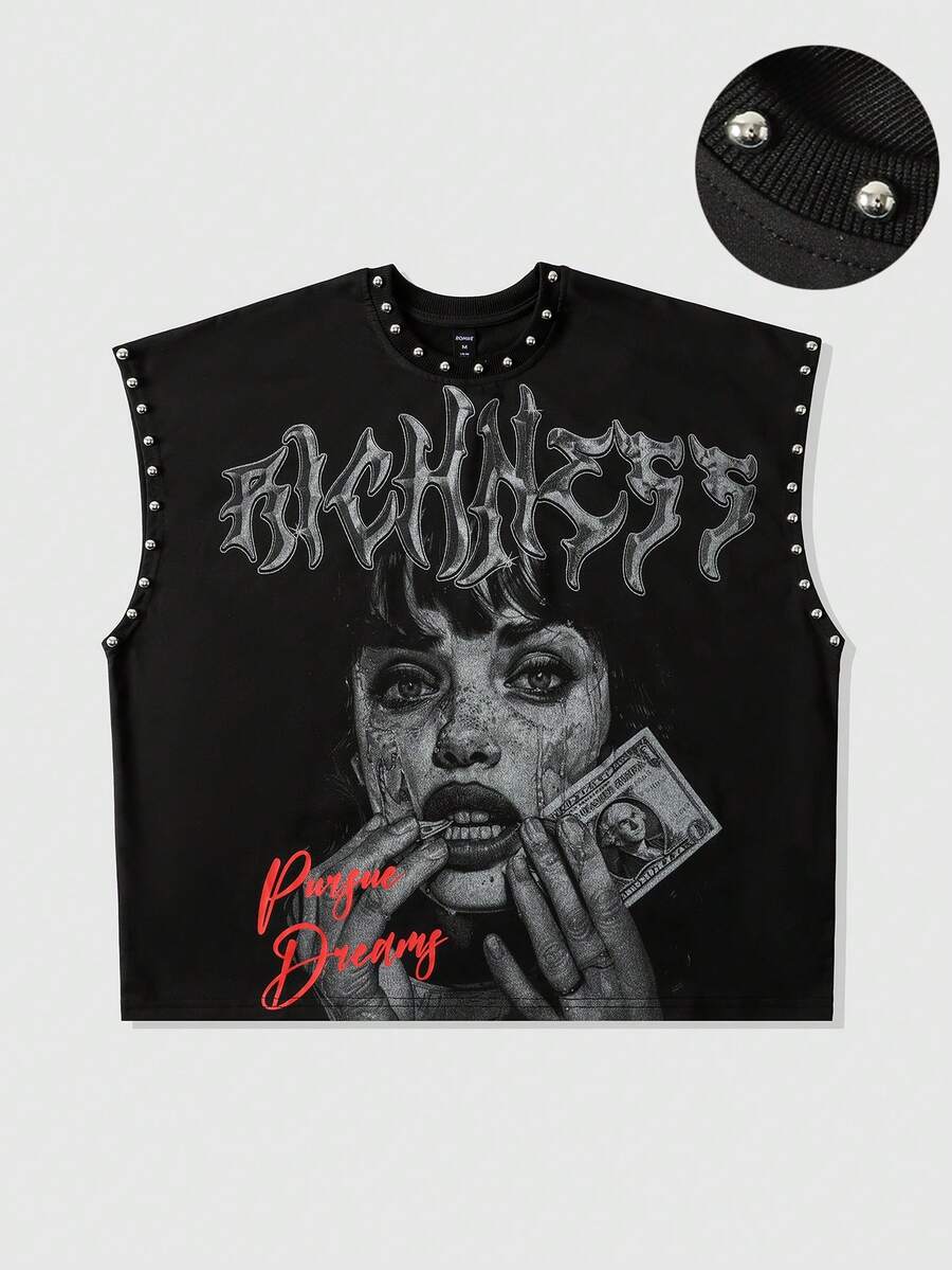 ROMWE MEN Men's Printed Rivet Loose Tank Top - Black - View 1