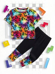 Tetris™ X SHEIN 女婴夏季休闲印花短袖T恤和裤子套装 - 彩色 - 查看 1