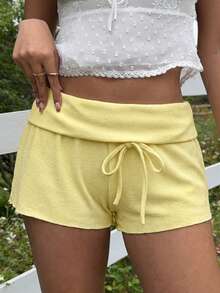 SHEIN EZwear Quần short nữ màu vàng nhạt dáng suông, cạp thấp, thích hợp mặc mùa hè. - Màu vàng ngỗng - Xem 5