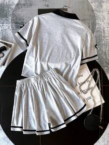 SHEIN 2件套少女休闲时尚黑灰撞色Polo领短袖针织蝴蝶结装饰T恤和短裤套装 - 彩色 - 查看 2