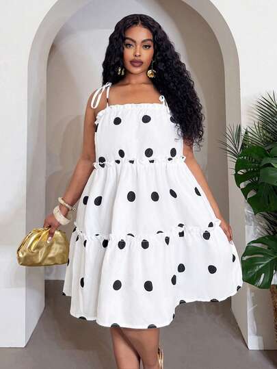Slaydiva 2026 Spring/Summer New Music Festival, Easter, St. Patrick's Day, Western, Nomadic Style, Birthday Party, Graduation, Student, Daily Wear, Casual, Vacation, Cruise Travel, Beach, Sunbathing, Viral Plus Size Loose Polka Dot Sleeveless A-Line Dress; Vacation & Casual Solid Color Loose A-Line Layered Strap Tie Hem Plus Size Mini Dress