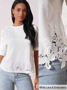 Lilora 女士撞色蕾丝圆领短袖时尚衬衫 - 白色 - 查看 2