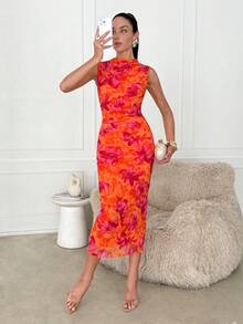 Lavishia Tropical Print Sleeveless Pleated Romantic Elegant Fitted Dress - Burnt Orange - View 3