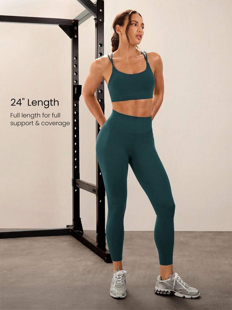 Mallas levantadoras de glúteos con cintura en V, efecto refrigerante y absorción de sudor, Powersculpt™-Air Sculpt Flex, para entrenamiento de alto impacto, carrera, otoño e invierno, 24" - Verde Oscuro - Añade 4