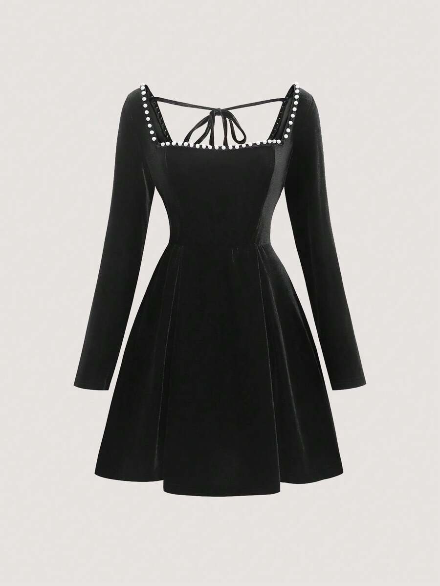 Olithes Square Neck Long Sleeve Solid Color Dress, Autumn/Winter Black Velvet Dress Black Dress Long Sleeve Witchy Dress Vampire Dress Pearl Collar Dress - Black - View 1