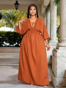 SOLERSUN Vestido longo feminino plus size elegante, sensual e fluido em linho com decote em V profundo franzido e mangas curtas com babados. Ideal para férias em estilo boho, country, tropical e para o verão. Perfeito para férias com um toque de luxo e tranquilidade, ideal para primavera e verão. - Ferrugem Marrom - Ver 1