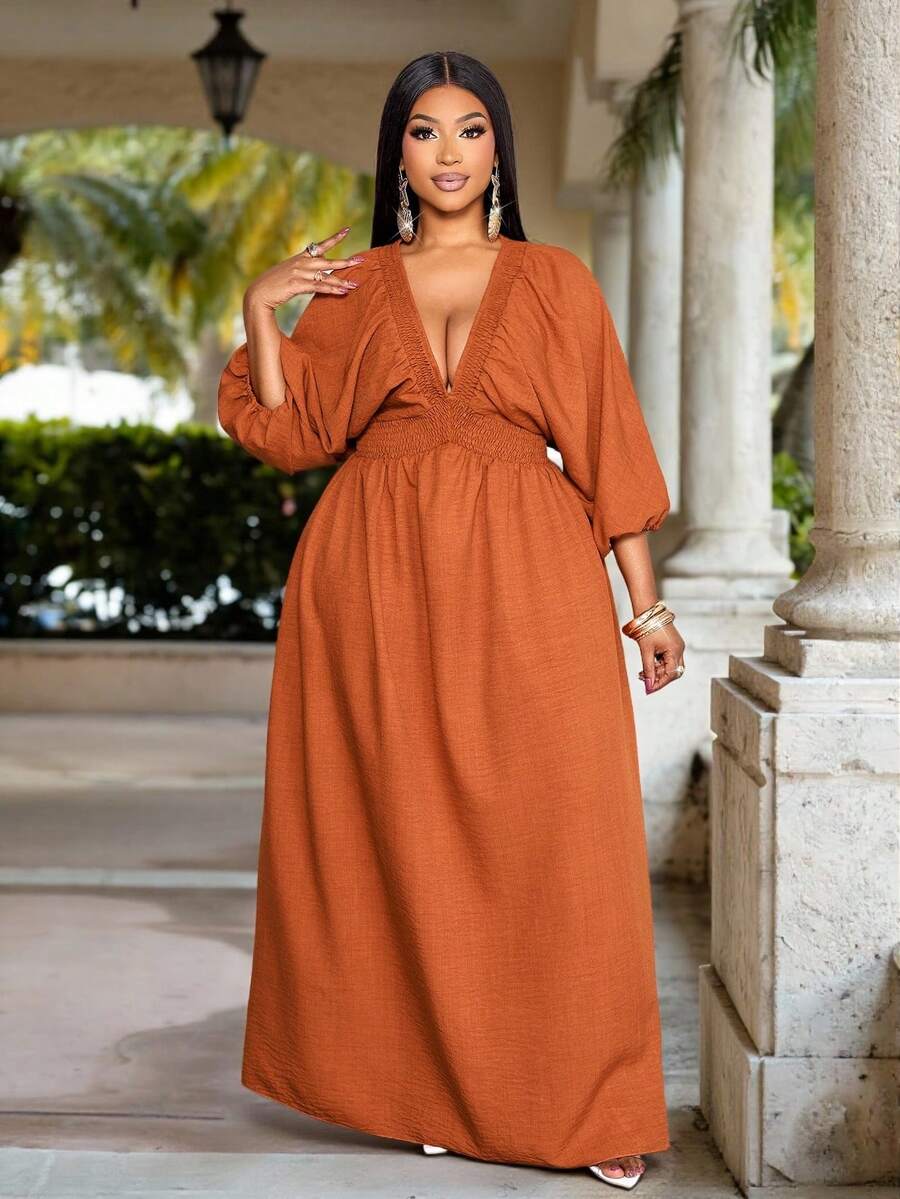 SOLERSUN Vestido longo feminino plus size elegante, sensual e fluido em linho com decote em V profundo franzido e mangas curtas com babados. Ideal para férias em estilo boho, country, tropical e para o verão. Perfeito para férias com um toque de luxo e tranquilidade, ideal para primavera e verão. - Ferrugem Marrom - Ver 1