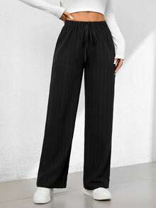 SHEIN PETITE Summer Casual Textured Wide-Leg Capri Pants - Black - View 7
