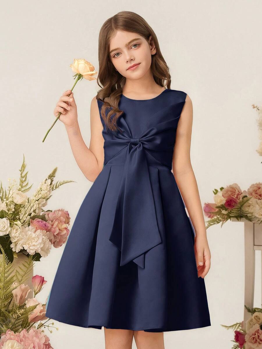 女童公主裙，优雅露背礼服，儿童生日派对礼服，花童婚礼礼服，蝴蝶结礼服 - 藏蓝色 - 查看 1